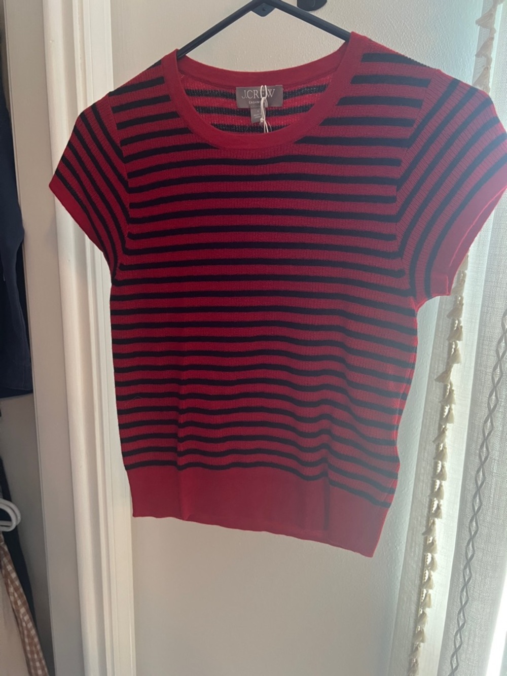 J. Crew Cashmere Red and Navy Striped Short Sleeve Knit Top